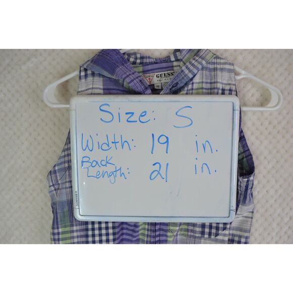 Guess Women's Small Purple Plaid Sleeveless Hooded Button Down Shirt - Picture 7 of 12